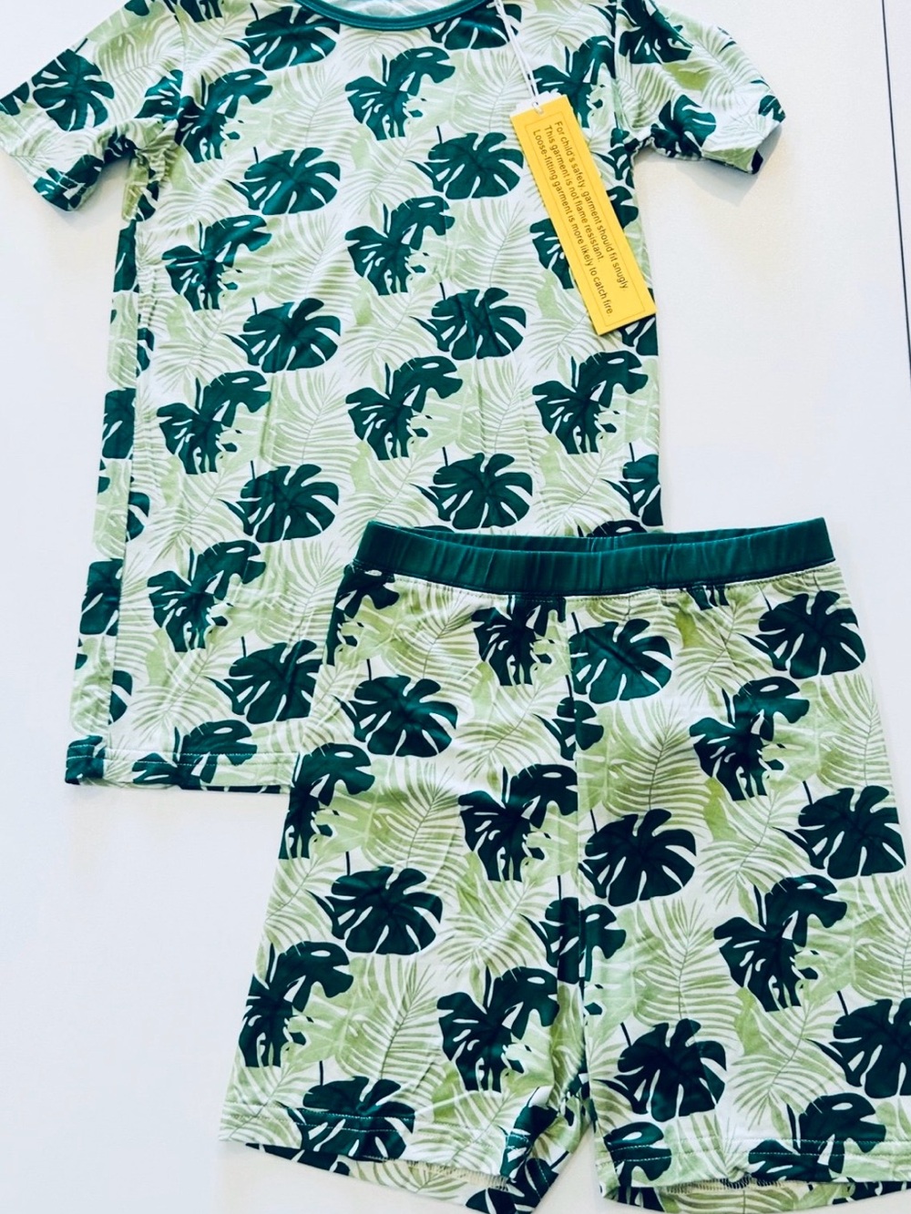 Kids Green Tropical Leaf Bamboo Matching Set - Short Sleeve Tee & Shorts